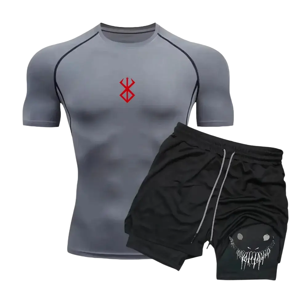 Men anime compression shirt and shorts set featuring a gray compression shirt with red emblem and black shorts with white grin design
