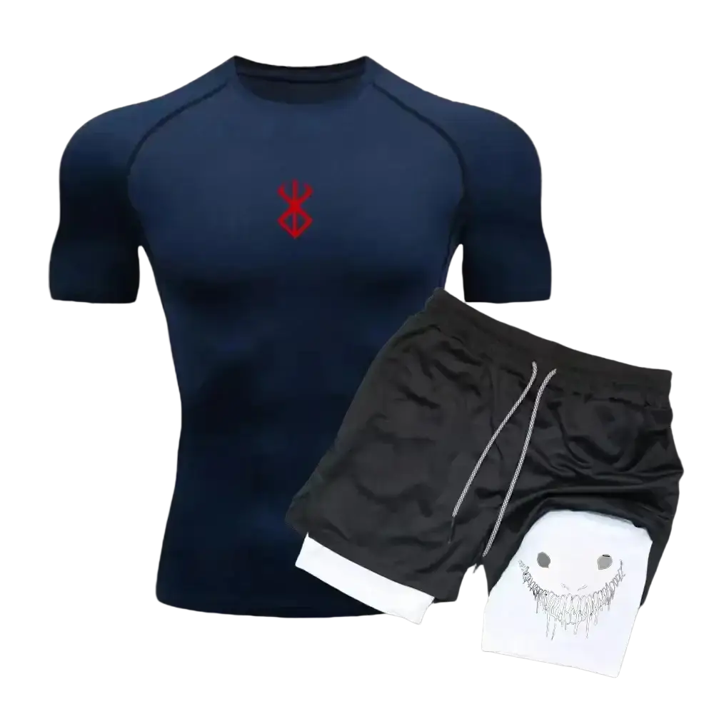 Men anime compression shirt and shorts set featuring a navy blue short-sleeved compression shirt with red emblem and black shorts with white cartoon face design