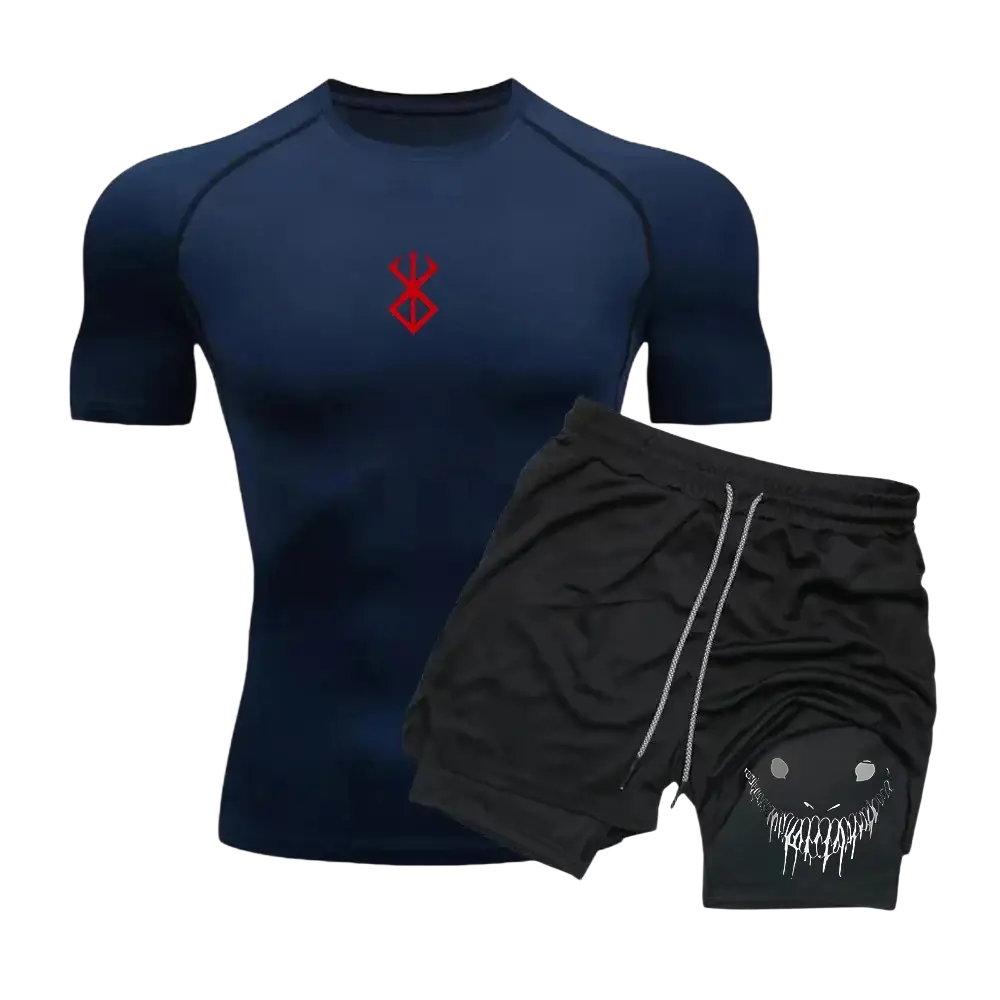 Men anime compression shirt and shorts set in navy blue with red emblem and black shorts featuring white smiling face graphic