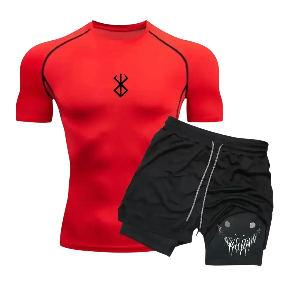 Men anime compression shirt and shorts set featuring a red short-sleeved compression shirt with black trim and black emblem paired with black shorts with white drawstrings and ghost face graphic