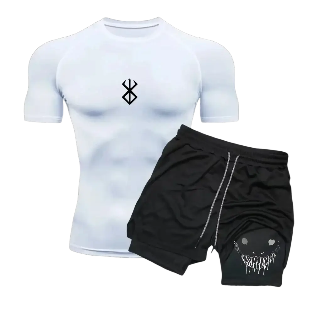 Men anime compression shirt and shorts set with white short-sleeved shirt featuring black emblem and black shorts with white design