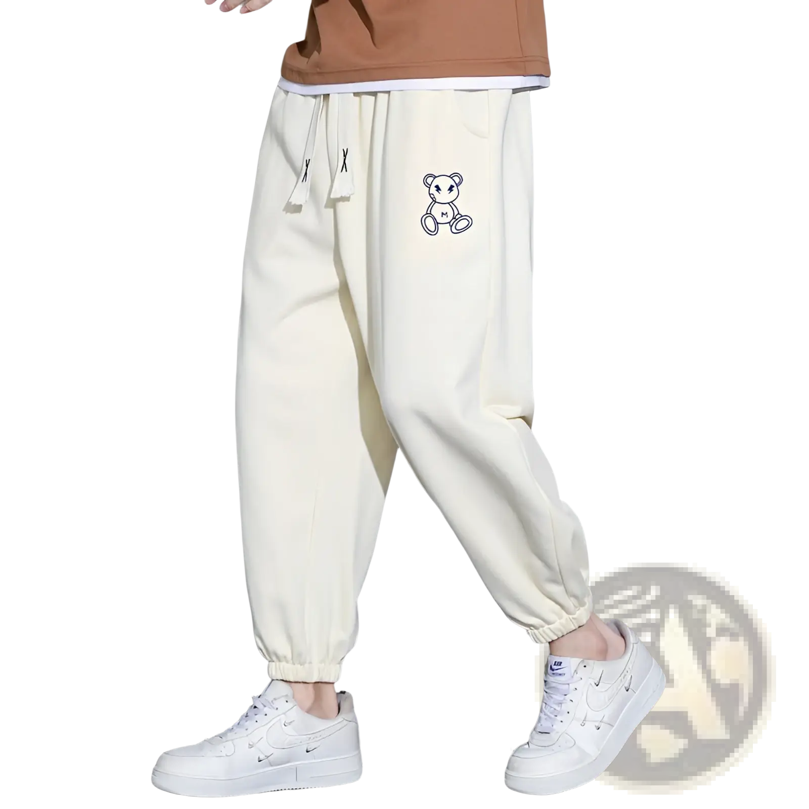 Men astronaut graphic joggers casual pants in cream cotton with drawstring waistband and embroidered bear patch on thigh