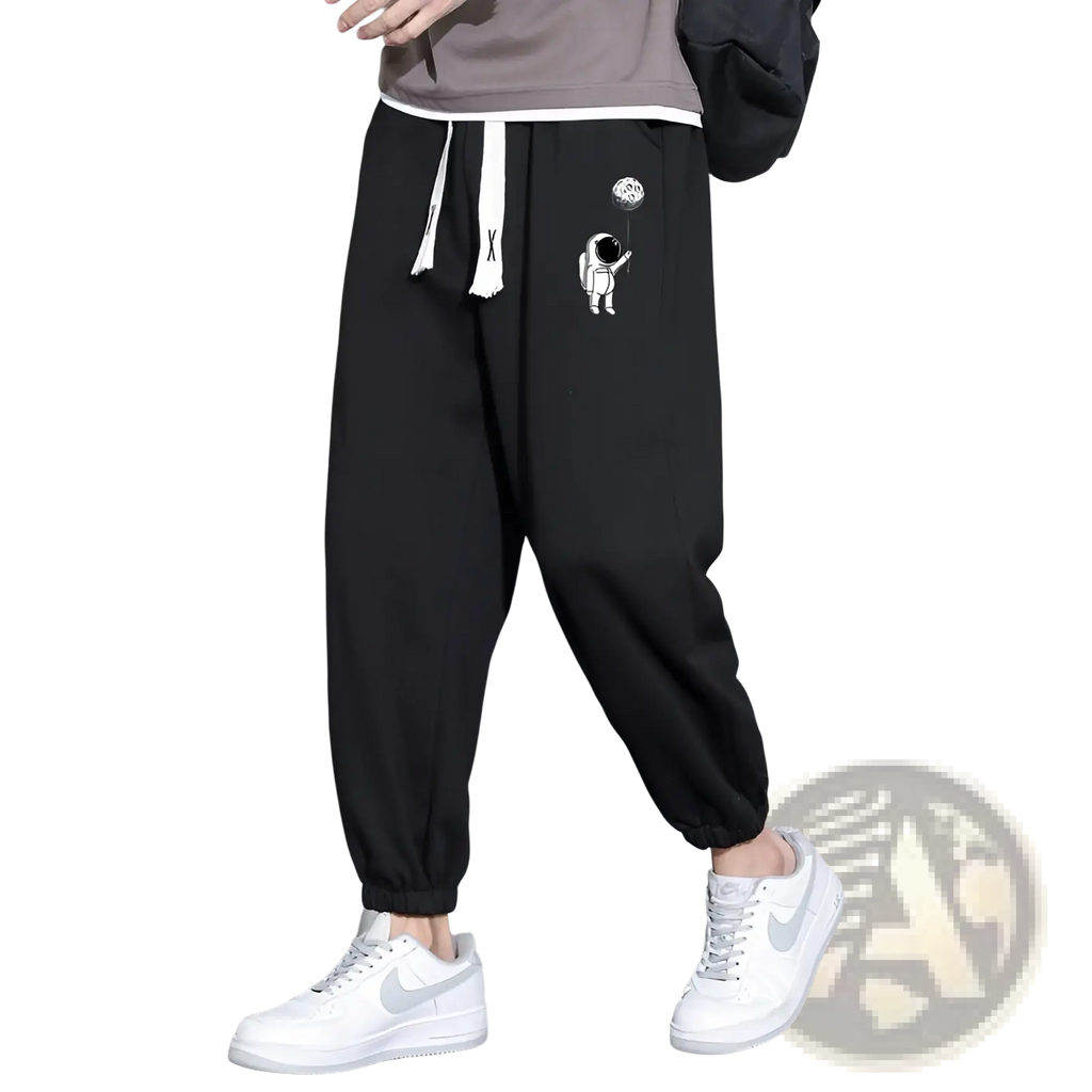 Men astronaut graphic joggers black cotton casual pants with white astronaut thigh graphic and matching white drawstrings