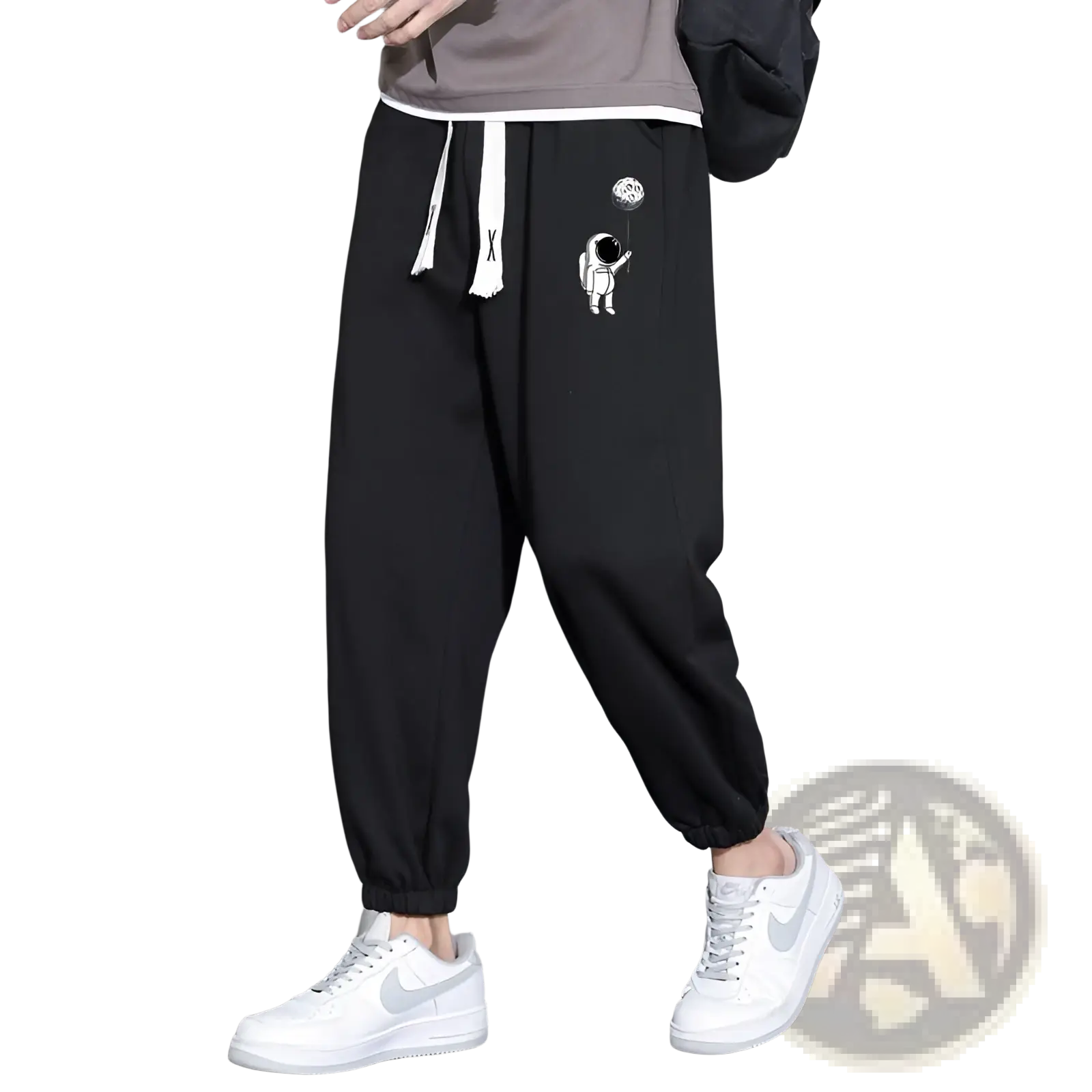 Men astronaut graphic joggers black cotton casual pants with white astronaut thigh graphic and matching white drawstrings