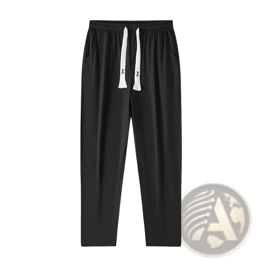 Black ribbed cotton men astronaut graphic joggers with white drawstrings and small x logos for casual wear
