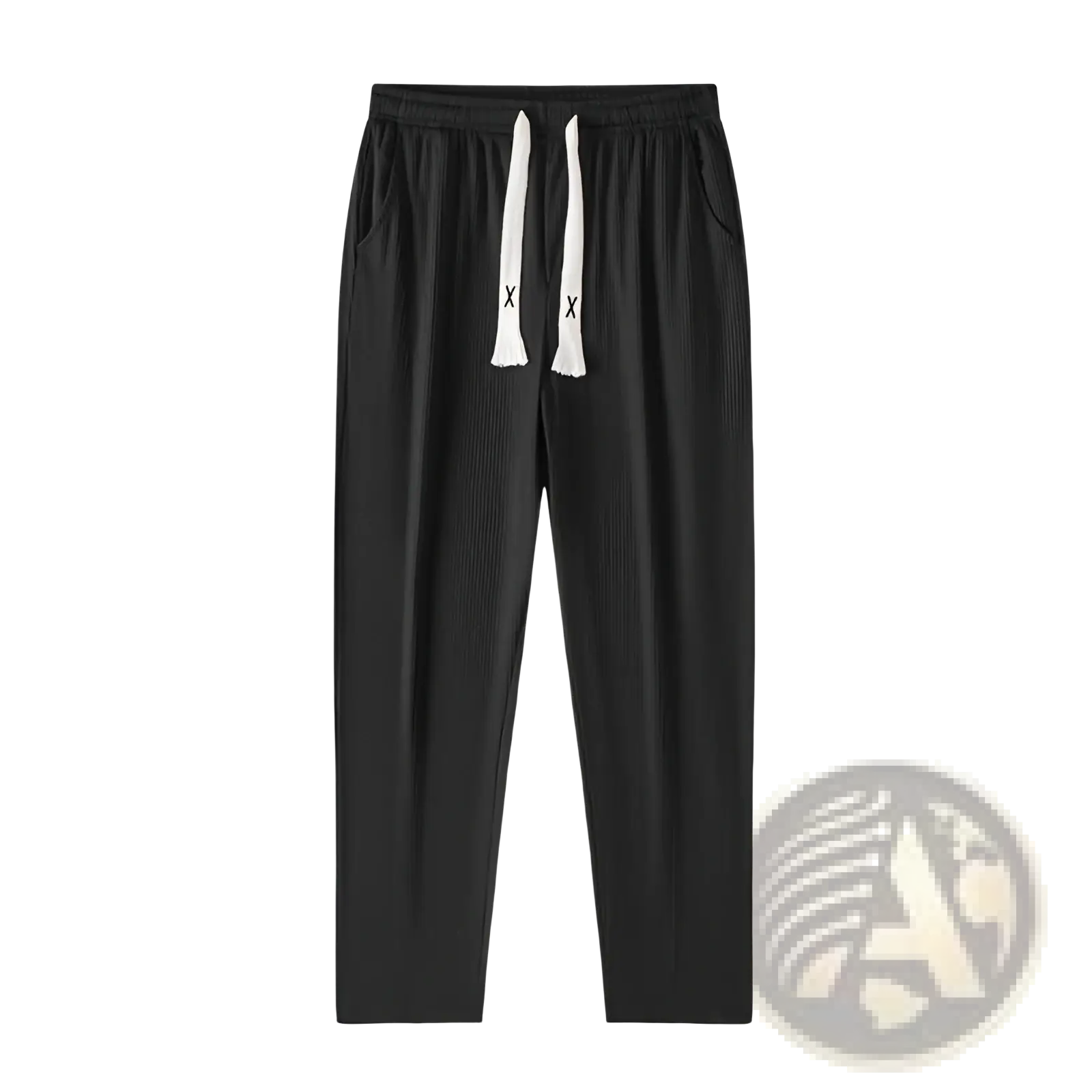 Black ribbed cotton men astronaut graphic joggers with white drawstrings and small x logos for casual wear