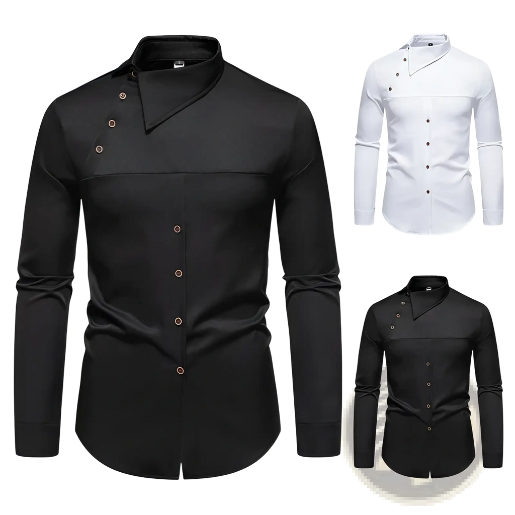 Men asymmetrical slant collar long sleeve casual shirt in black with modern collar and subtle contrast stitching