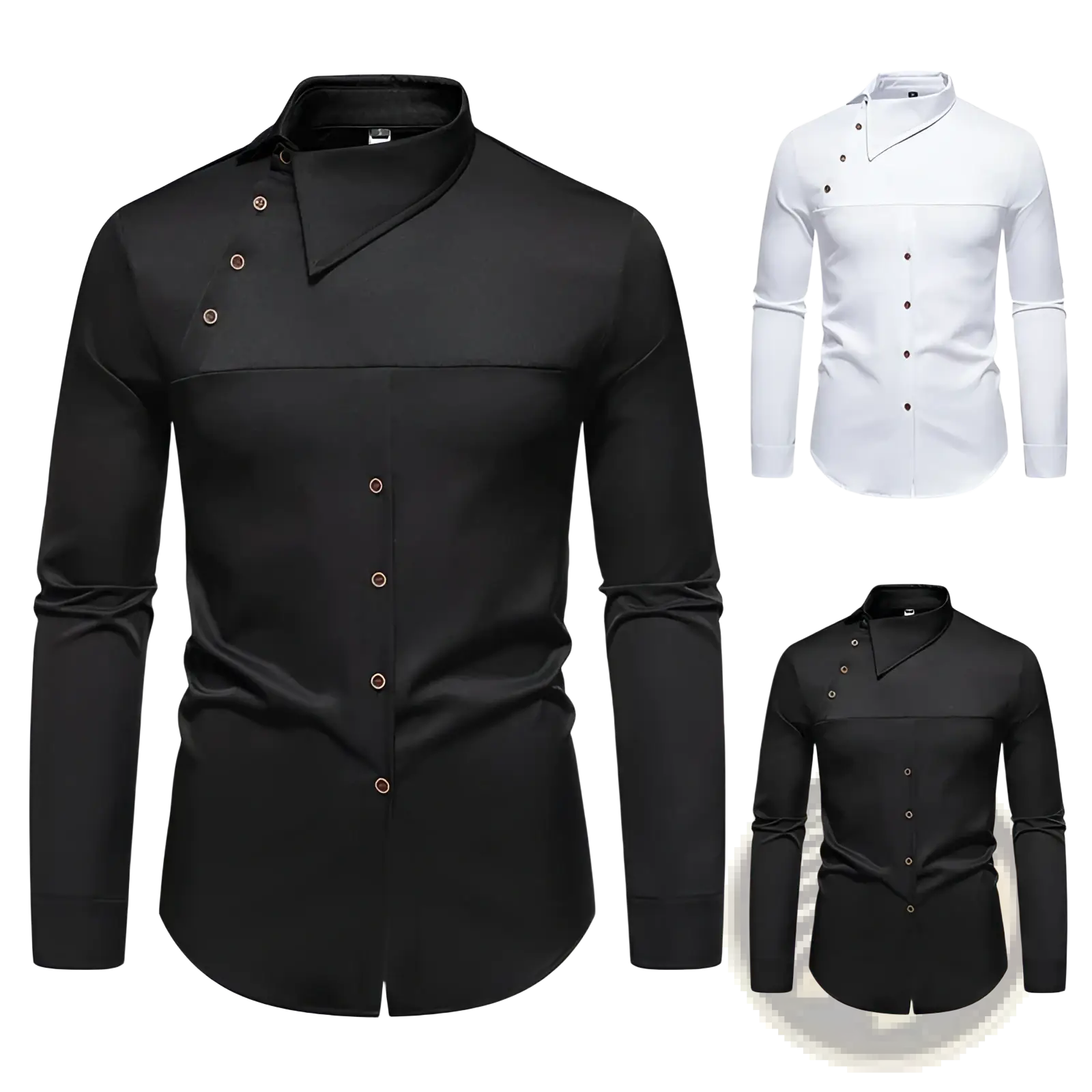 Men asymmetrical slant collar long sleeve casual shirt in black with modern collar and subtle contrast stitching