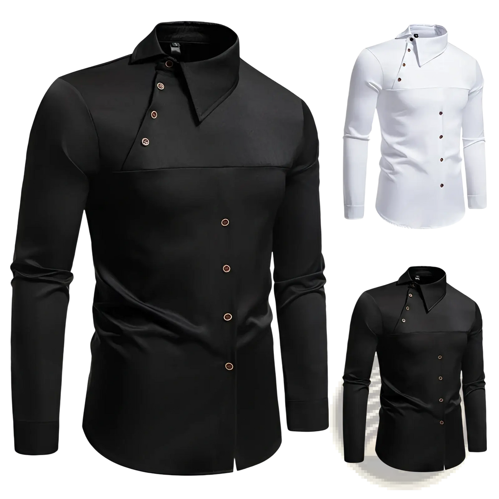 Men asymmetrical slant collar long sleeve black dress shirt with stand-up collar and rose-gold buttons