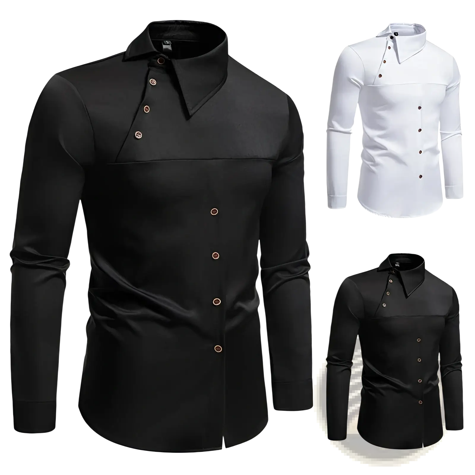 Men asymmetrical slant collar long sleeve black dress shirt with stand-up collar and rose-gold buttons