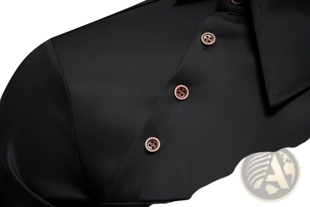 Men asymmetrical slant collar long sleeve casual shirt in black satin with rose gold button details