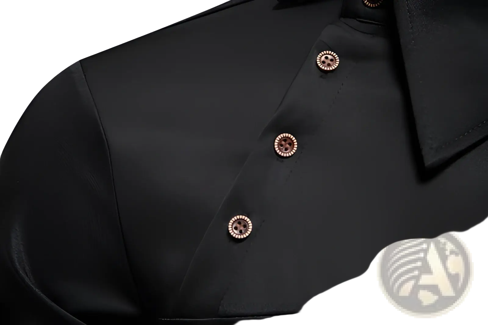 Men asymmetrical slant collar long sleeve casual shirt in black satin with rose gold button details
