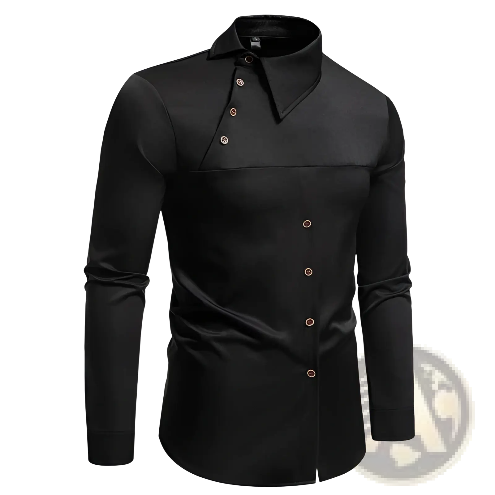 Men asymmetrical slant collar long sleeve casual shirt in black satin with subtle sheen and rose gold buttons