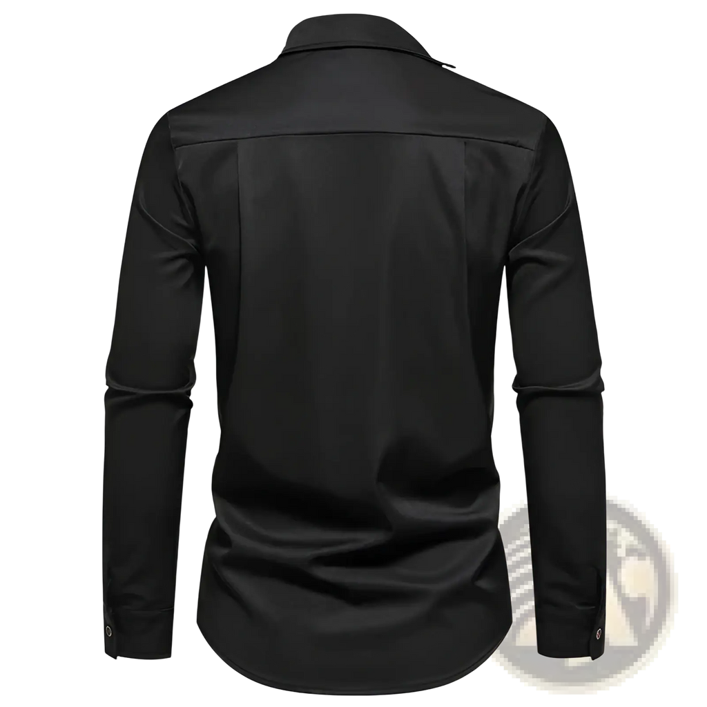 Black satin men asymmetrical slant collar long sleeve casual shirt with classic collar and buttoned cuffs