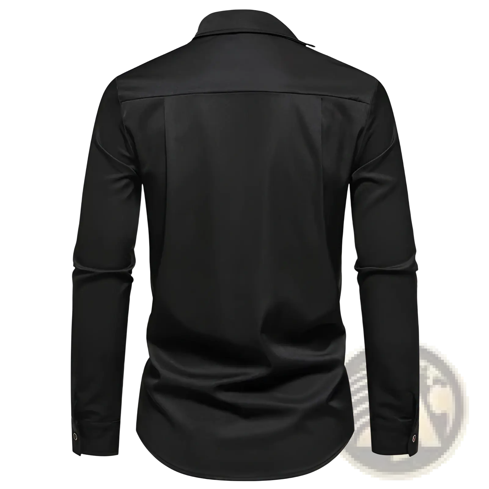 Black satin men asymmetrical slant collar long sleeve casual shirt with classic collar and buttoned cuffs