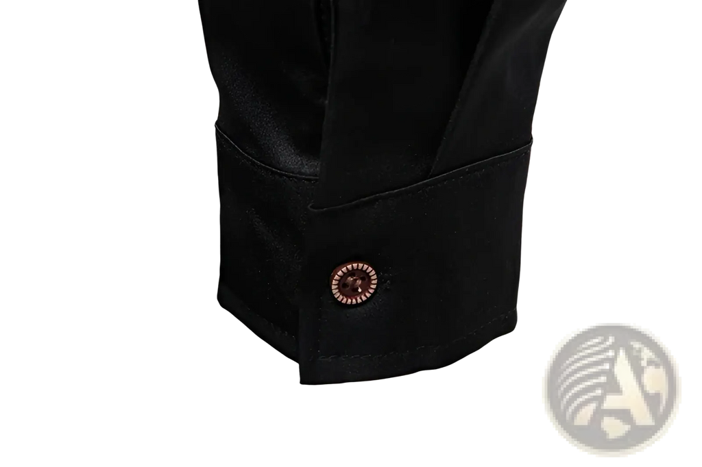 Men asymmetrical slant collar long sleeve casual shirt with black satin cuff and rose gold button with intricate design