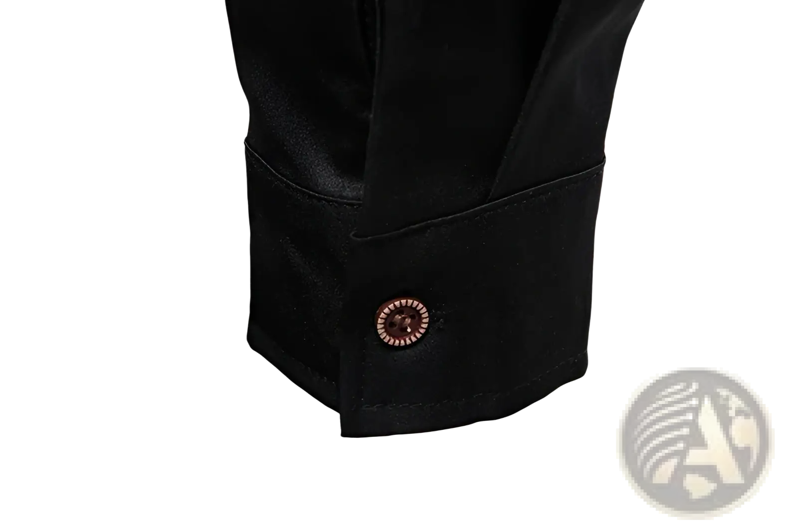 Men asymmetrical slant collar long sleeve casual shirt with black satin cuff and rose gold button with intricate design