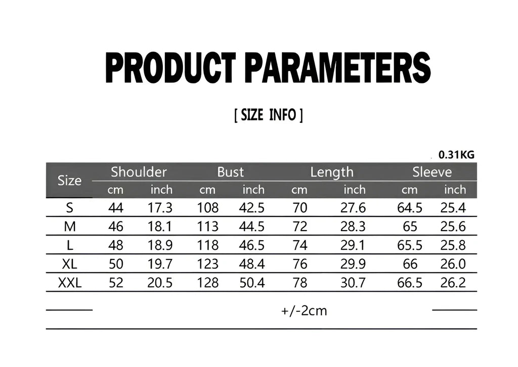 Black and white product parameters table showing size measurements in cm and inch for men asymmetrical slant collar shirt