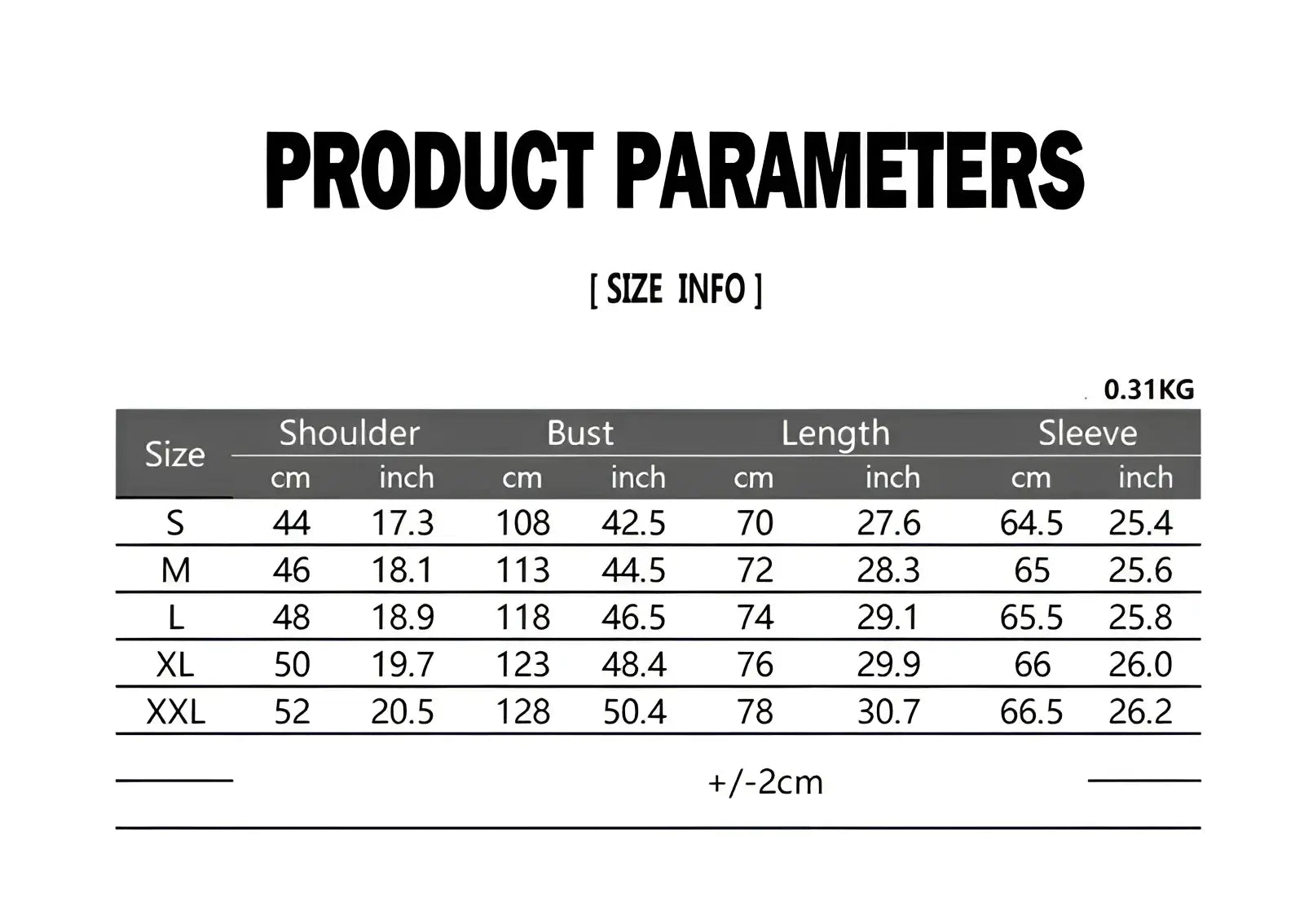 Black and white product parameters table showing size measurements in cm and inch for men asymmetrical slant collar shirt