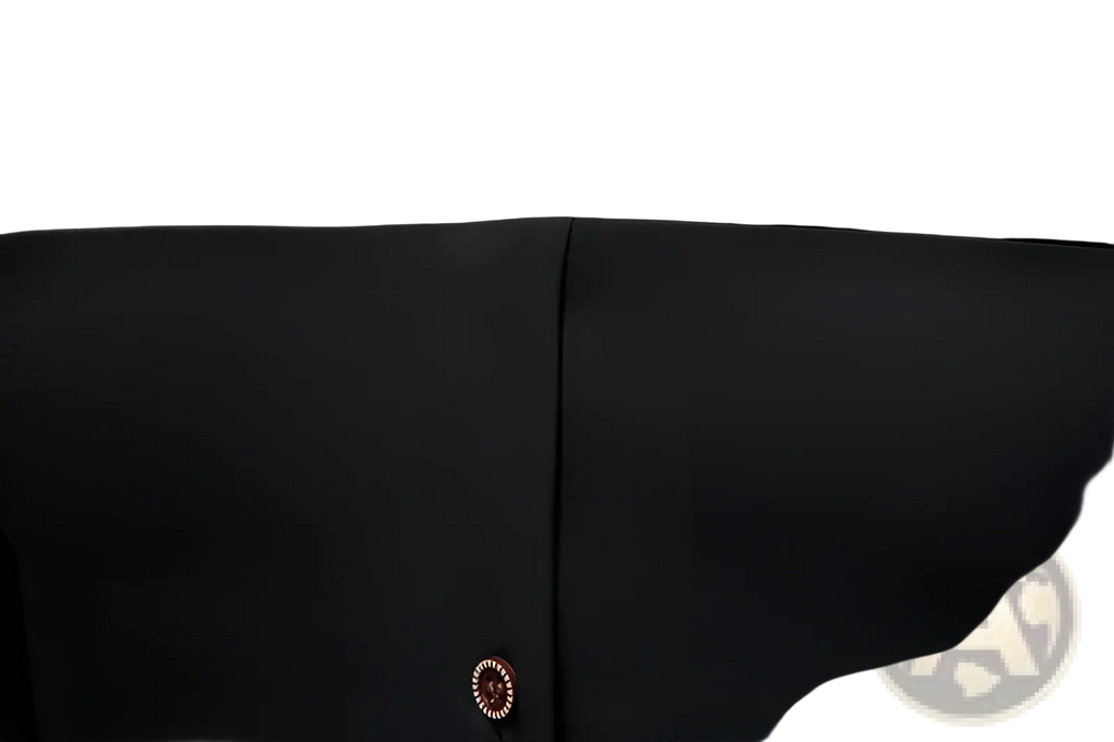 Men asymmetrical slant collar long sleeve casual shirt in black woolen fabric with single button closure and subtle stitching details