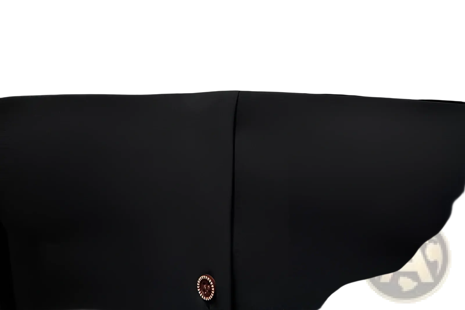 Men asymmetrical slant collar long sleeve casual shirt in black woolen fabric with single button closure and subtle stitching details