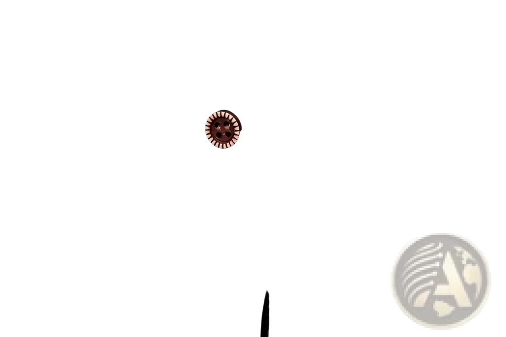 A rose-gold textured button with four dark holes on a men asymmetrical slant collar long sleeve casual shirt