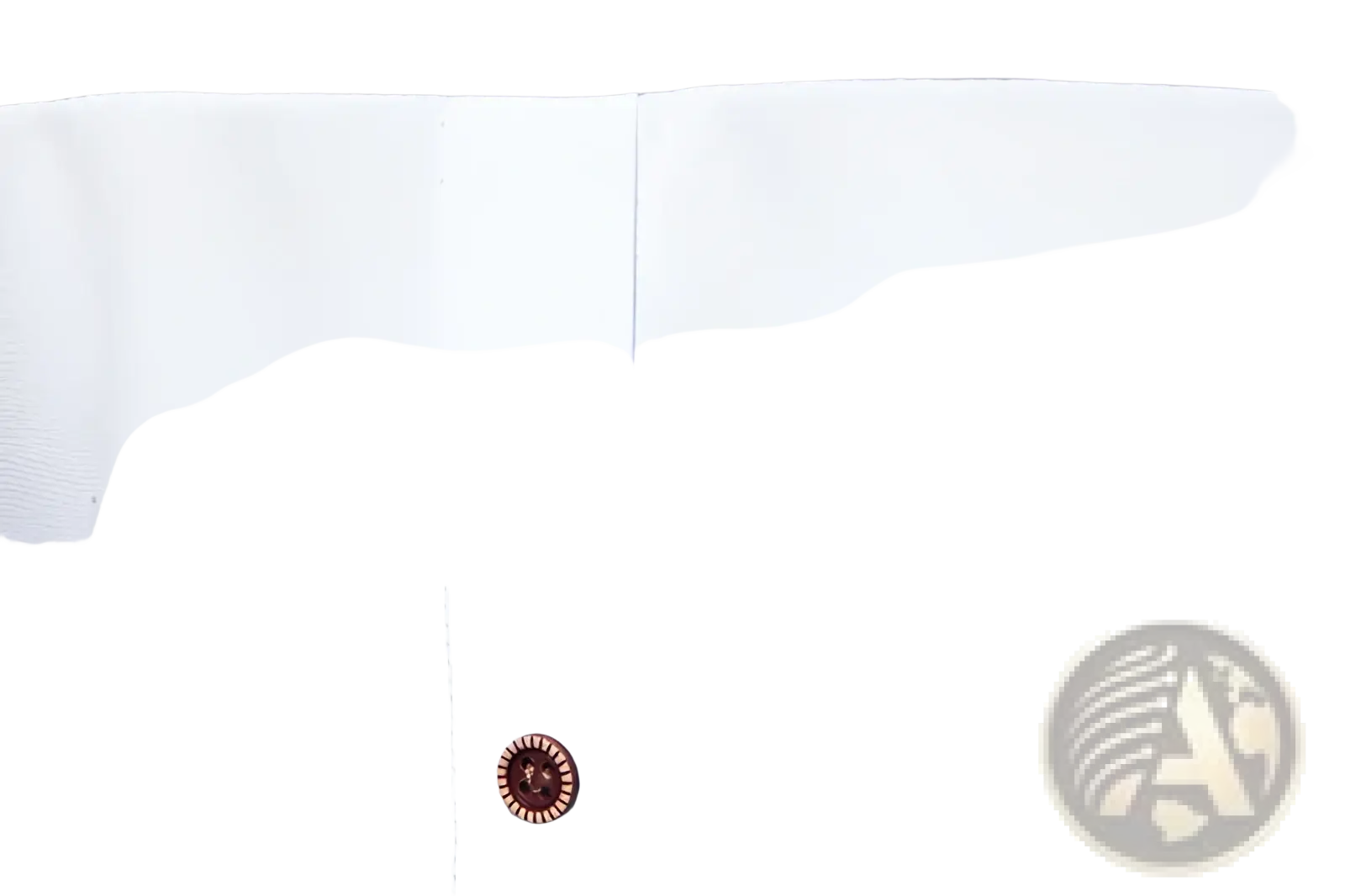 A single copper-toned button with a sunburst pattern on the placket of a men asymmetrical slant collar white shirt