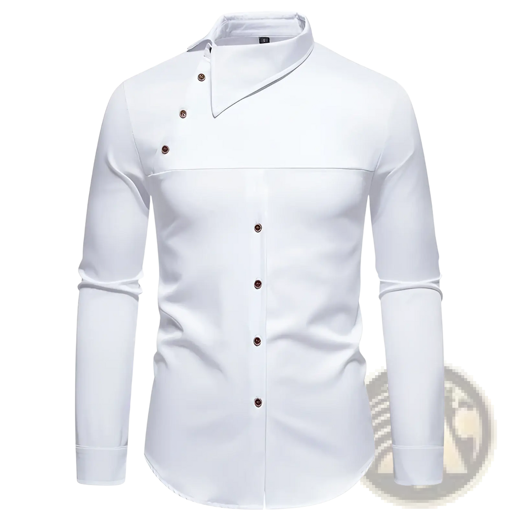 White men asymmetrical slant collar long sleeve casual dress shirt with modern collar and dark brown buttons