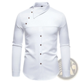 White men asymmetrical slant collar long sleeve casual dress shirt with modern collar and dark brown buttons