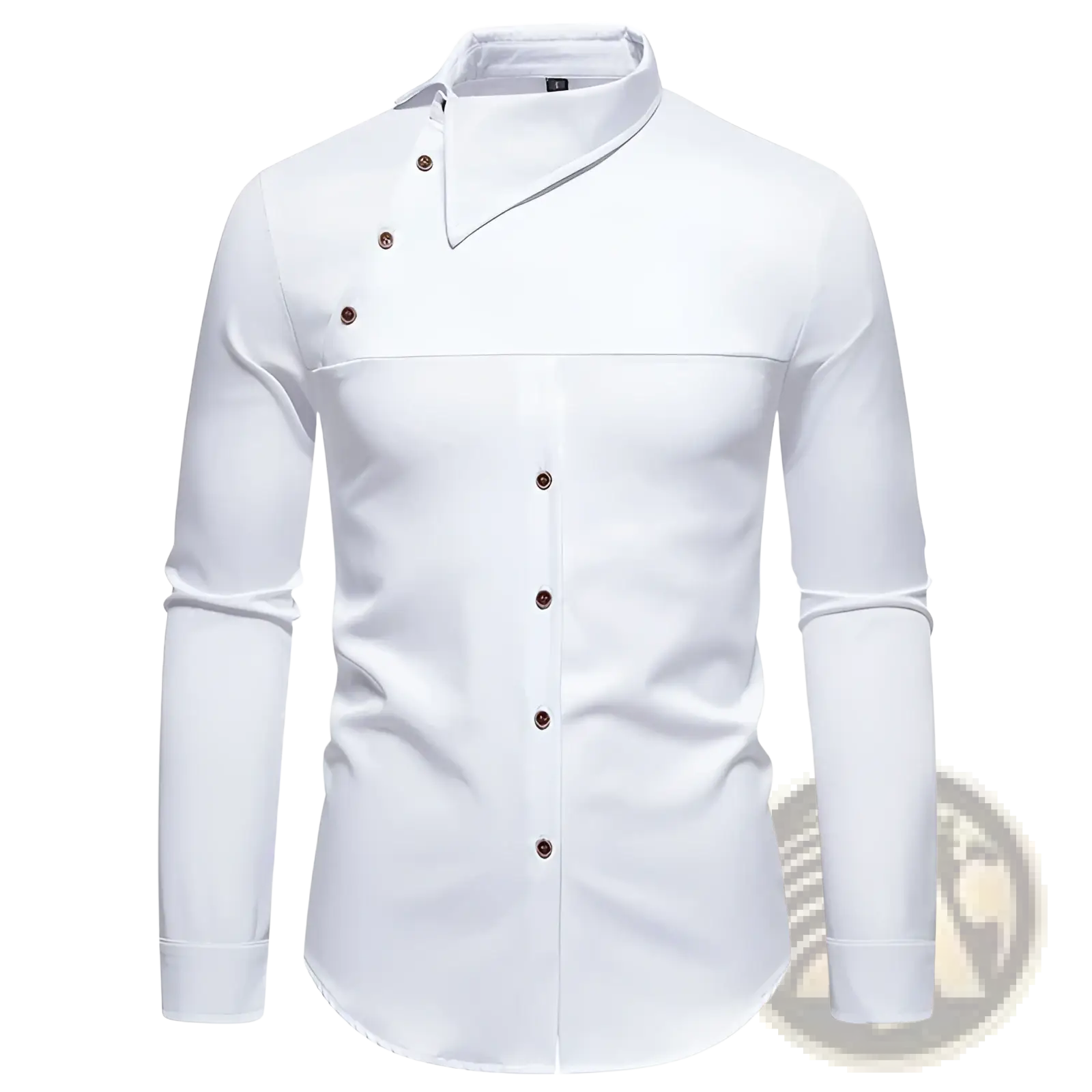 White men asymmetrical slant collar long sleeve casual dress shirt with modern collar and dark brown buttons