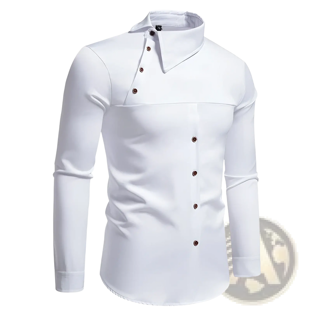 Men asymmetrical slant collar long sleeve white dress shirt with stand-up collar and dark brown buttons for casual wear
