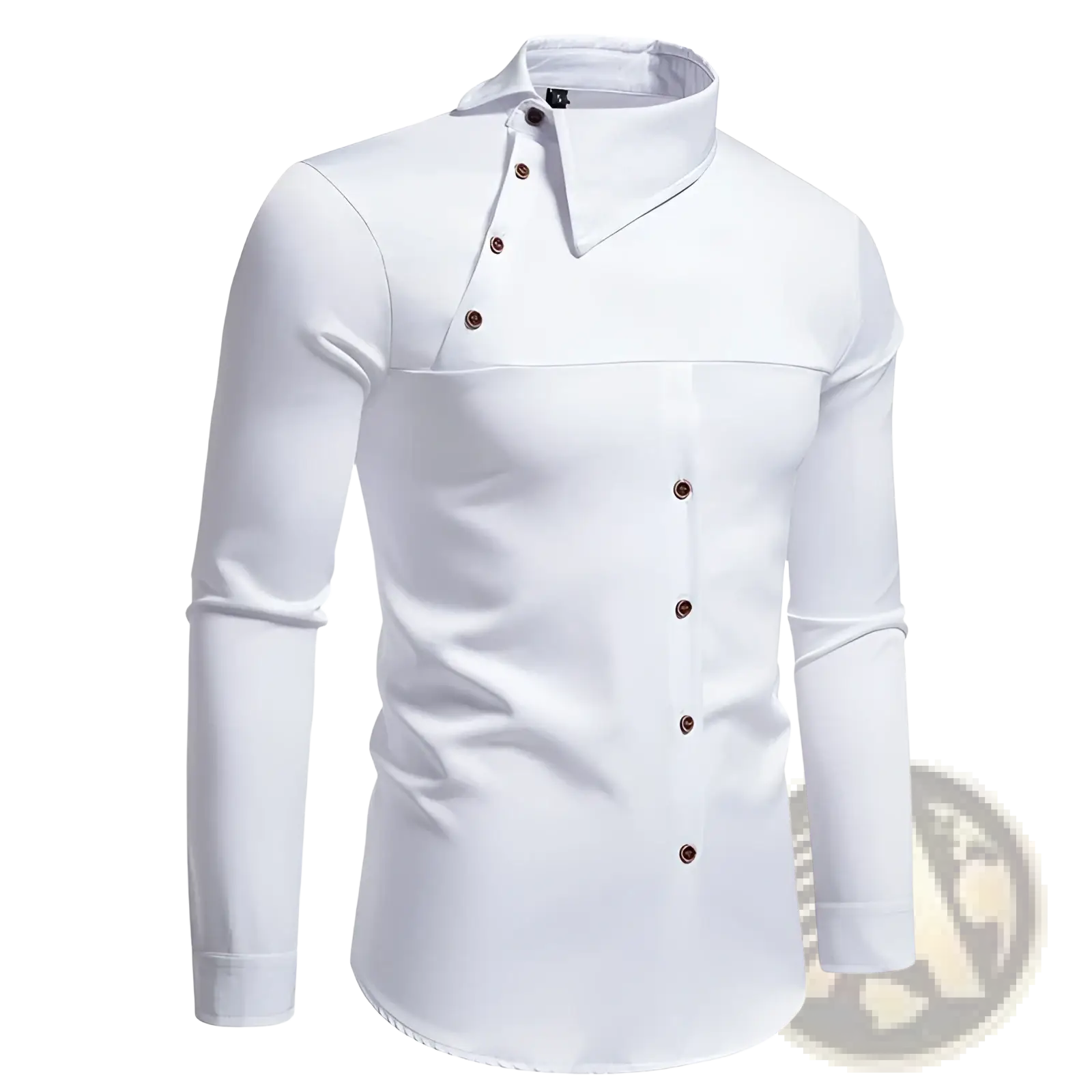Men asymmetrical slant collar long sleeve white dress shirt with stand-up collar and dark brown buttons for casual wear