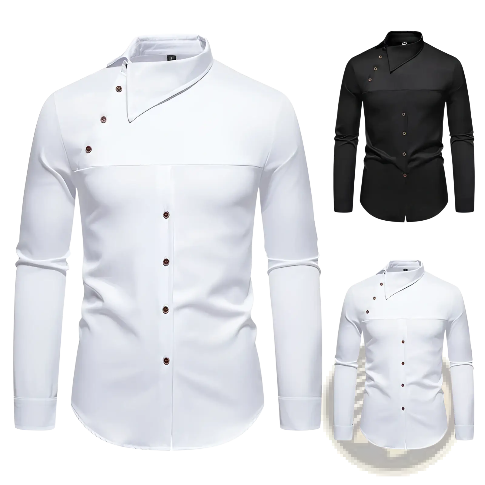 White men asymmetrical slant collar long sleeve casual shirt with distinctive collar and dark buttons