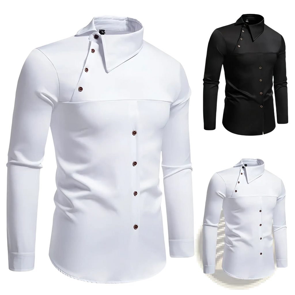 Men asymmetrical slant collar long sleeve casual shirt in white with modern collar and contrasting dark buttons