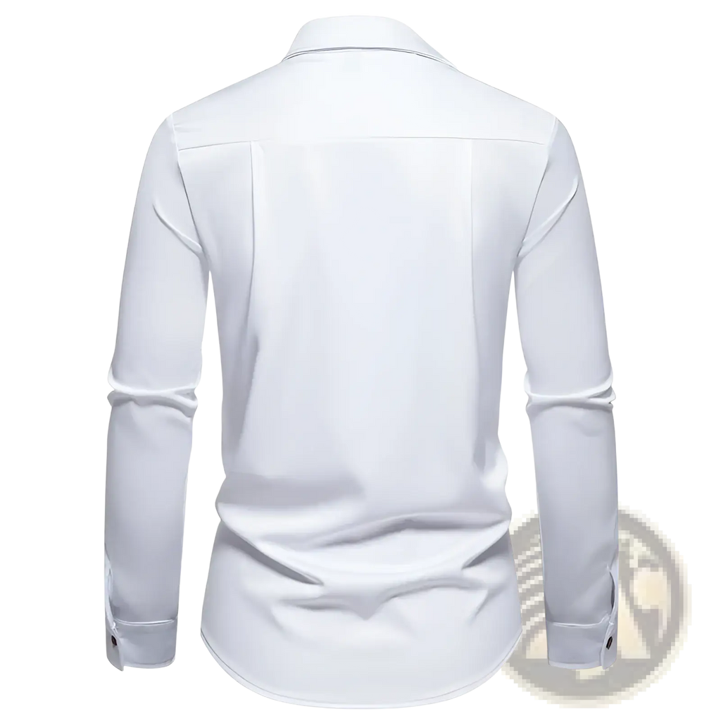 White long-sleeved men asymmetrical slant collar casual shirt with classic collar and buttoned cuffs