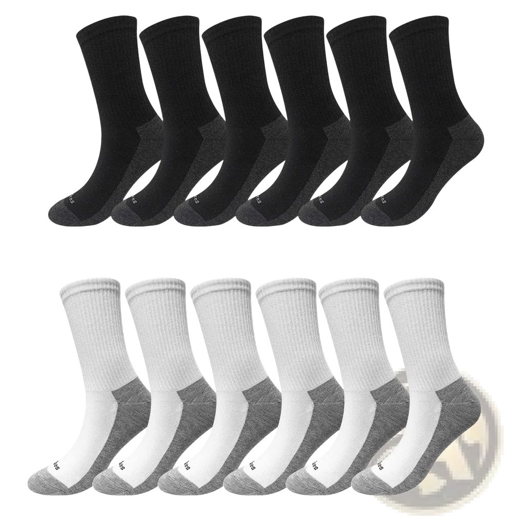 Twelve pairs of men athletic black breathable cotton crew sport socks with gray reinforced heel and toe sections
