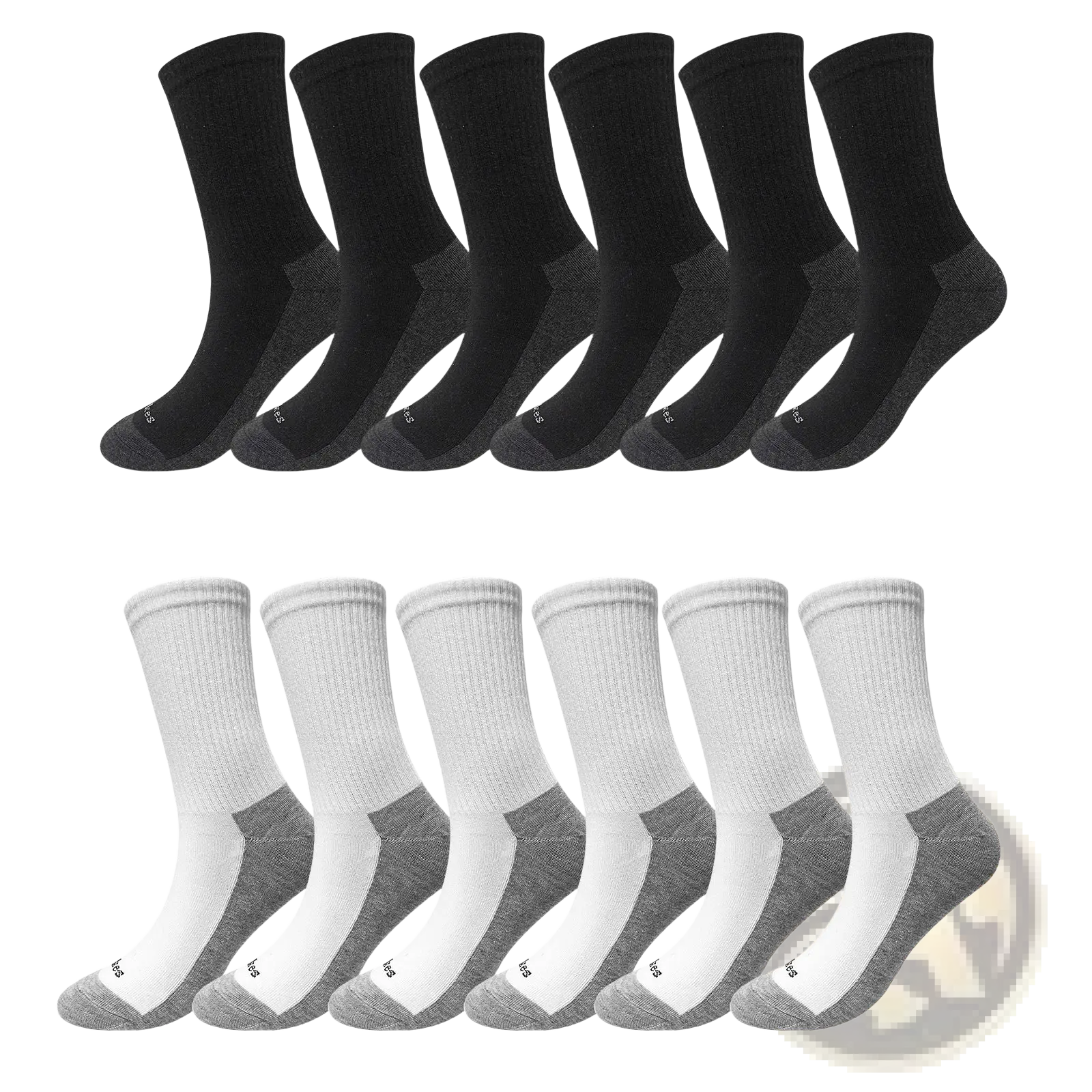 Twelve pairs of men athletic black breathable cotton crew sport socks with gray reinforced heel and toe sections