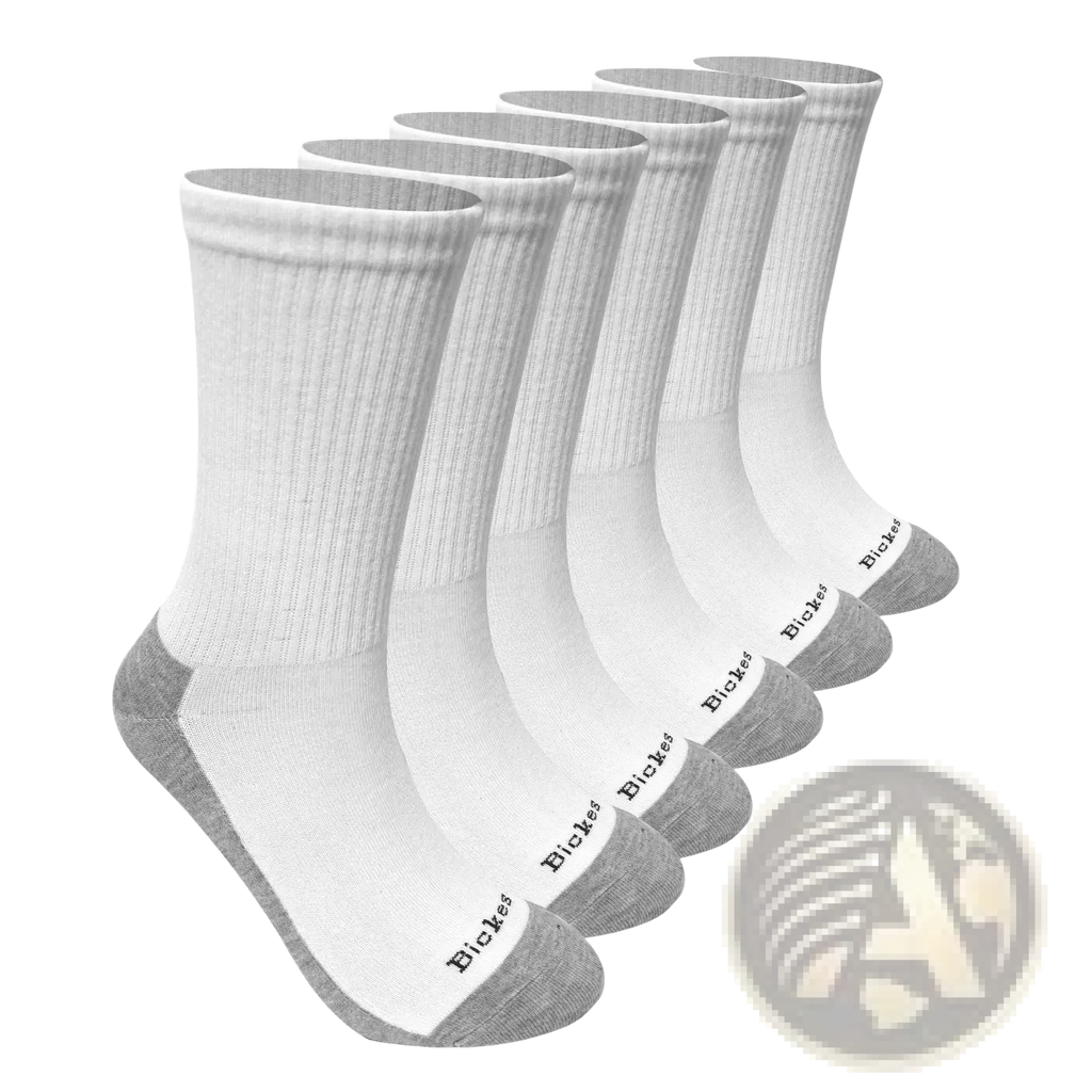 White and gray men athletic socks with ribbed cuffs breathable cotton crew showing the back with bickies brand heel print