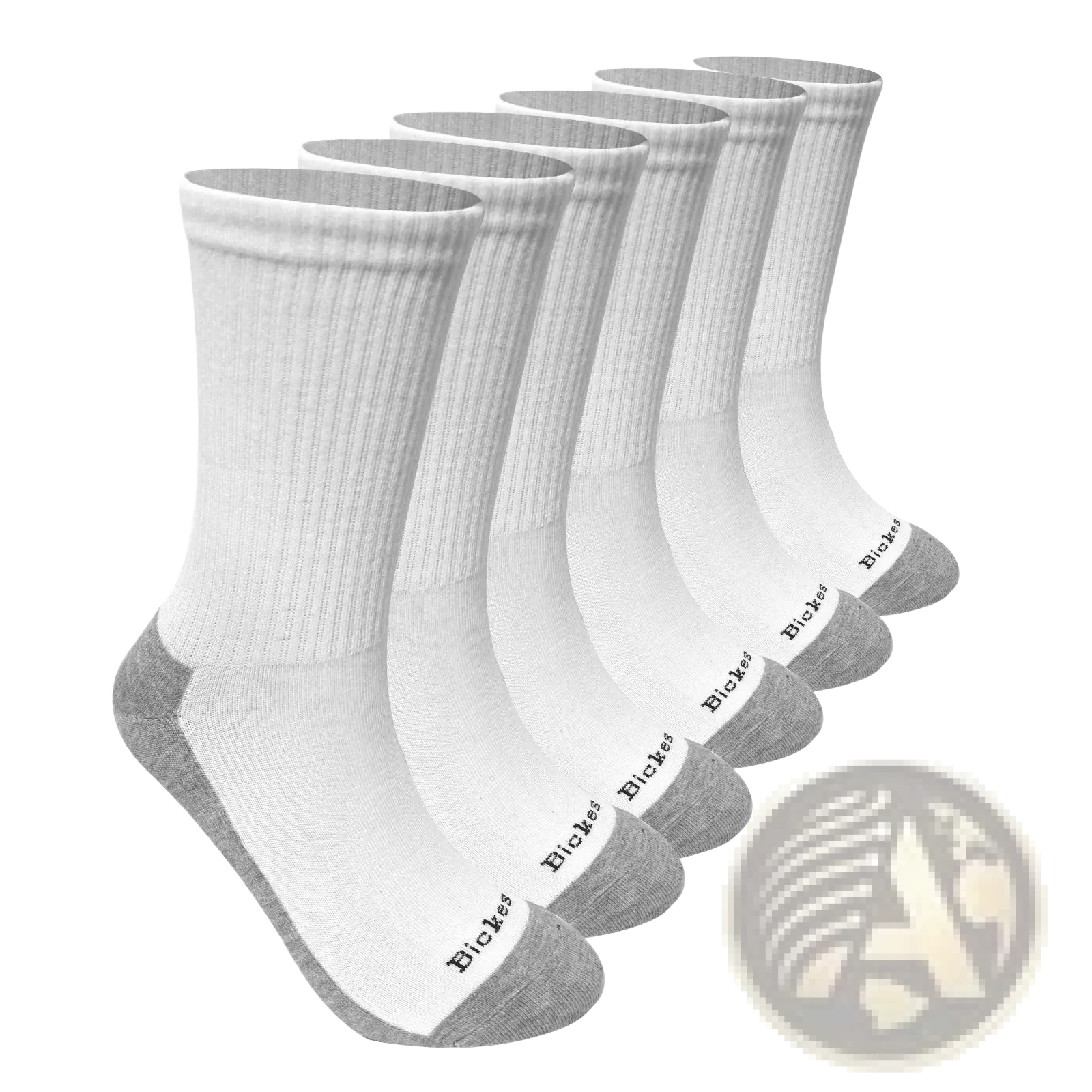 White and gray men athletic socks with ribbed cuffs breathable cotton crew showing the back with bickies brand heel print