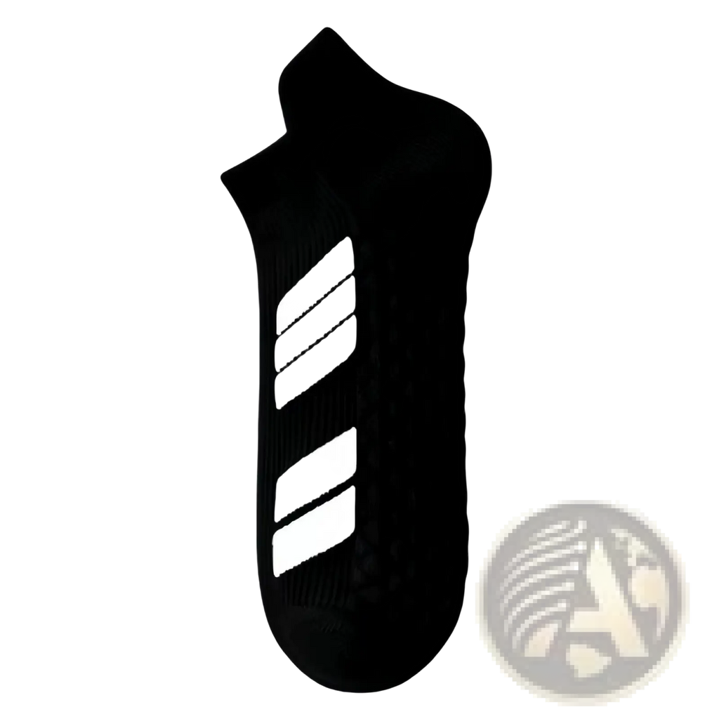 Black men athletic sports sock with white diagonal stripes cushioned footbed and sweat absorbing material