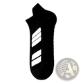 Black men athletic sports sock with white diagonal stripes cushioned footbed and sweat absorbing material