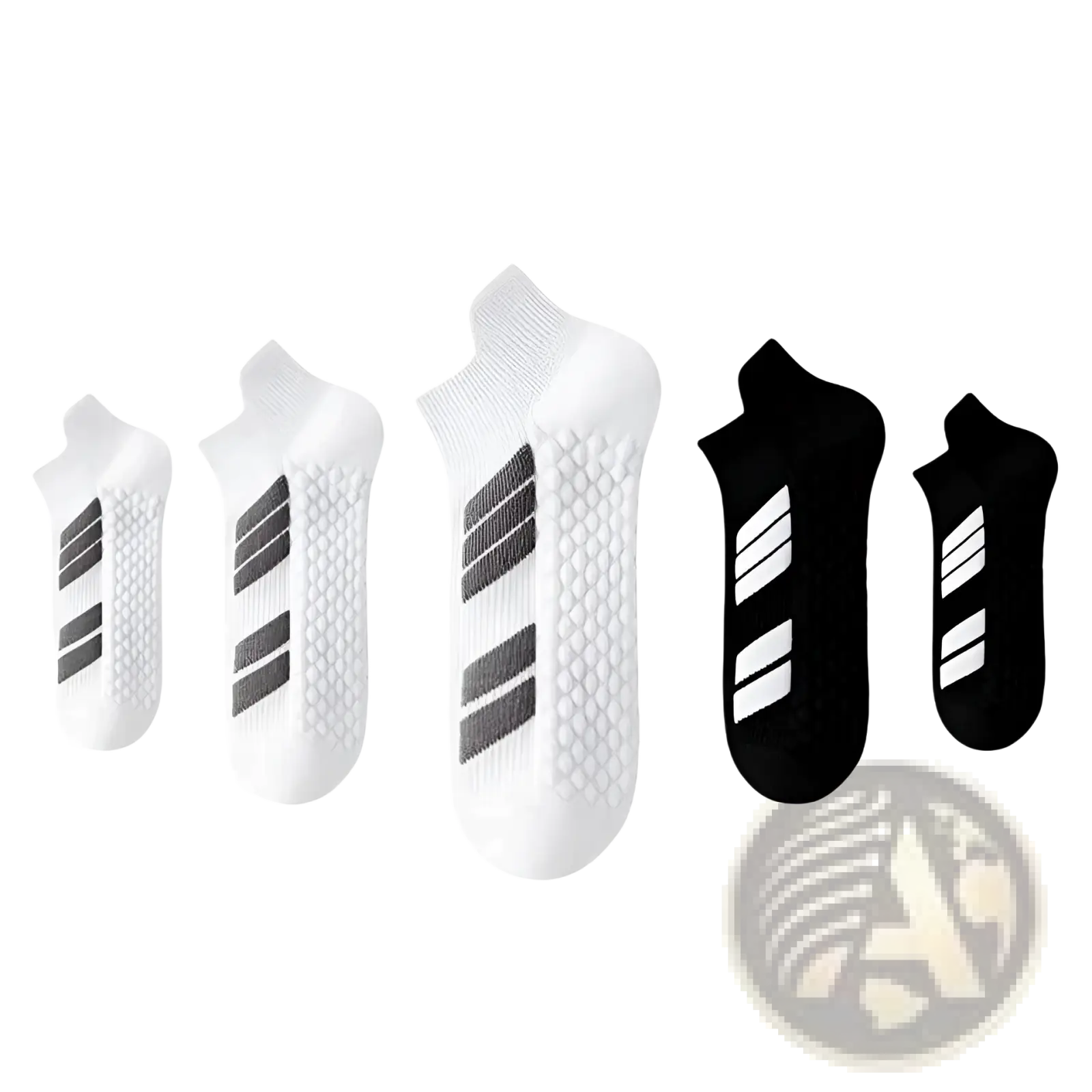 White and black men athletic sports socks with cushioned footbed, sweat absorbing material, and textured grip soles