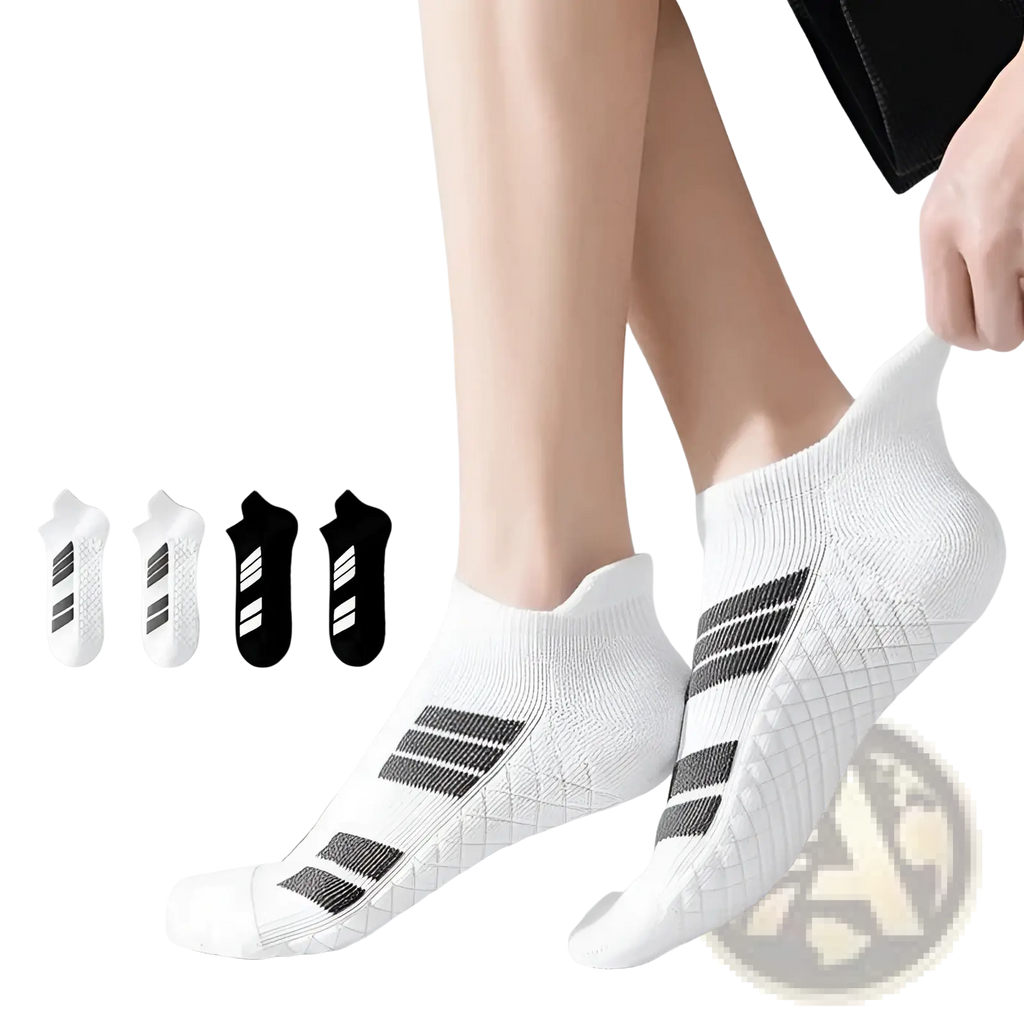 Men athletic sports socks cushioned footbed white with black stripes textured pattern for professional sports use