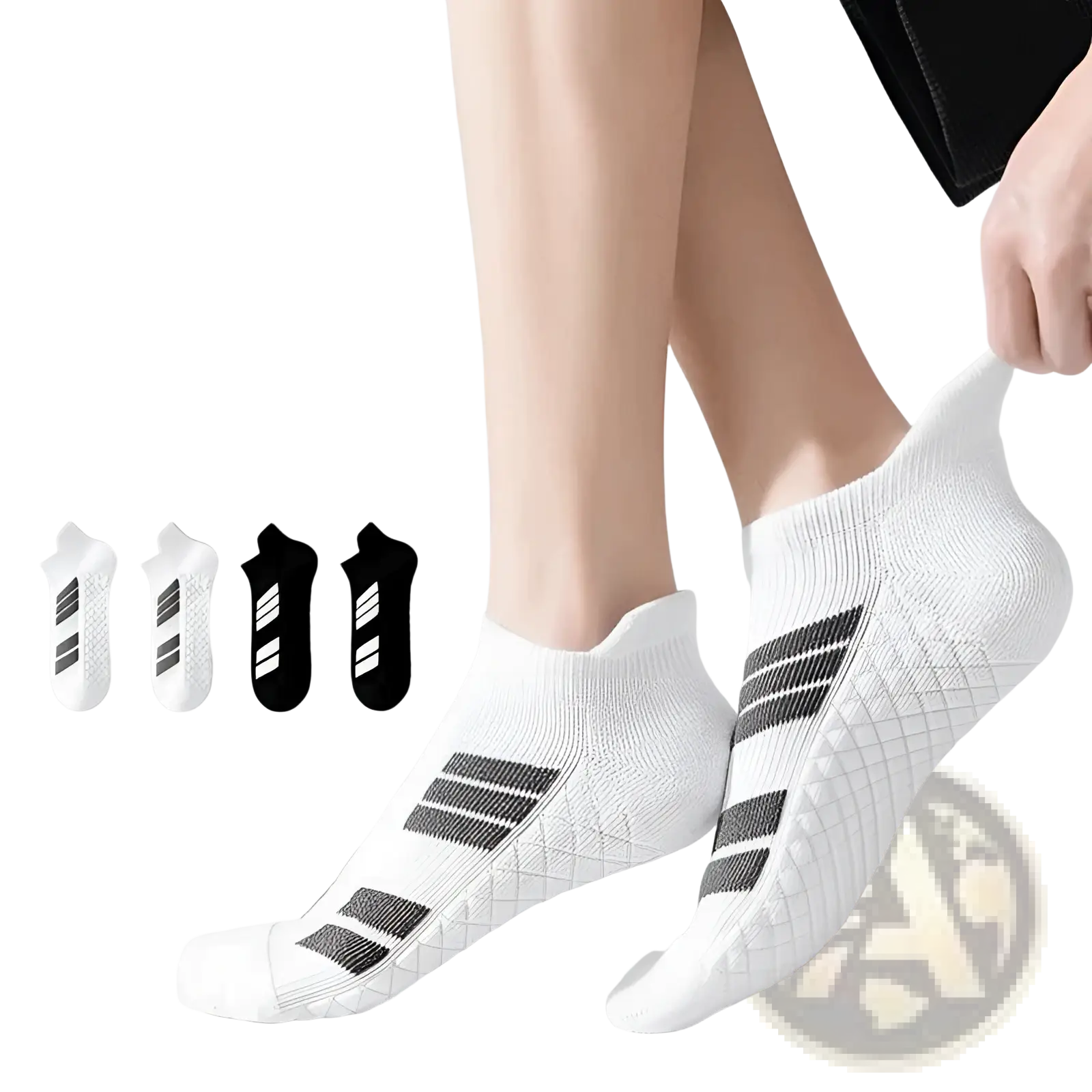 Men athletic sports socks cushioned footbed white with black stripes textured pattern for professional sports use