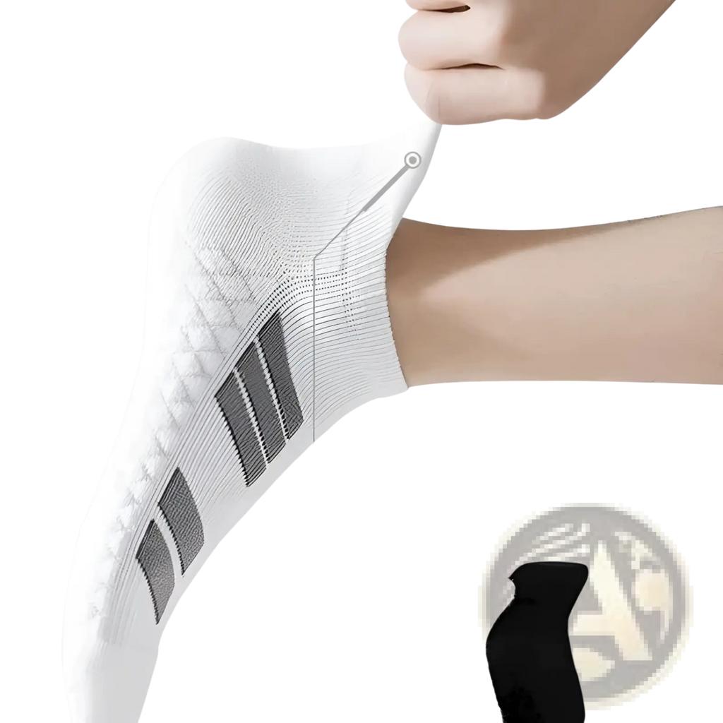 White men athletic ankle support sock with gray stripes black heel cushioned footbed and ear lift arch support design