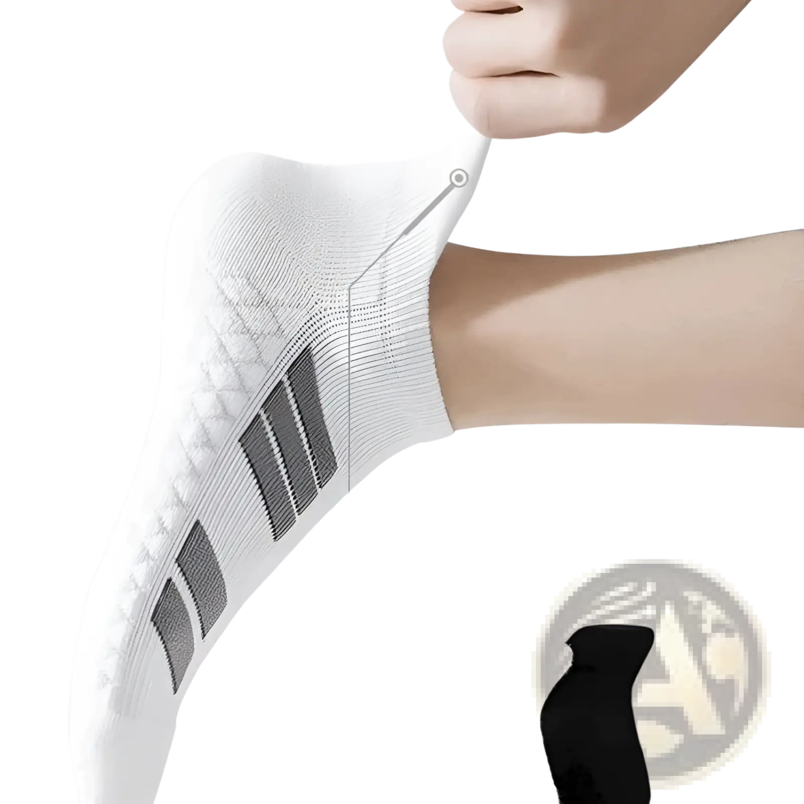 White men athletic ankle support sock with gray stripes black heel cushioned footbed and ear lift arch support design