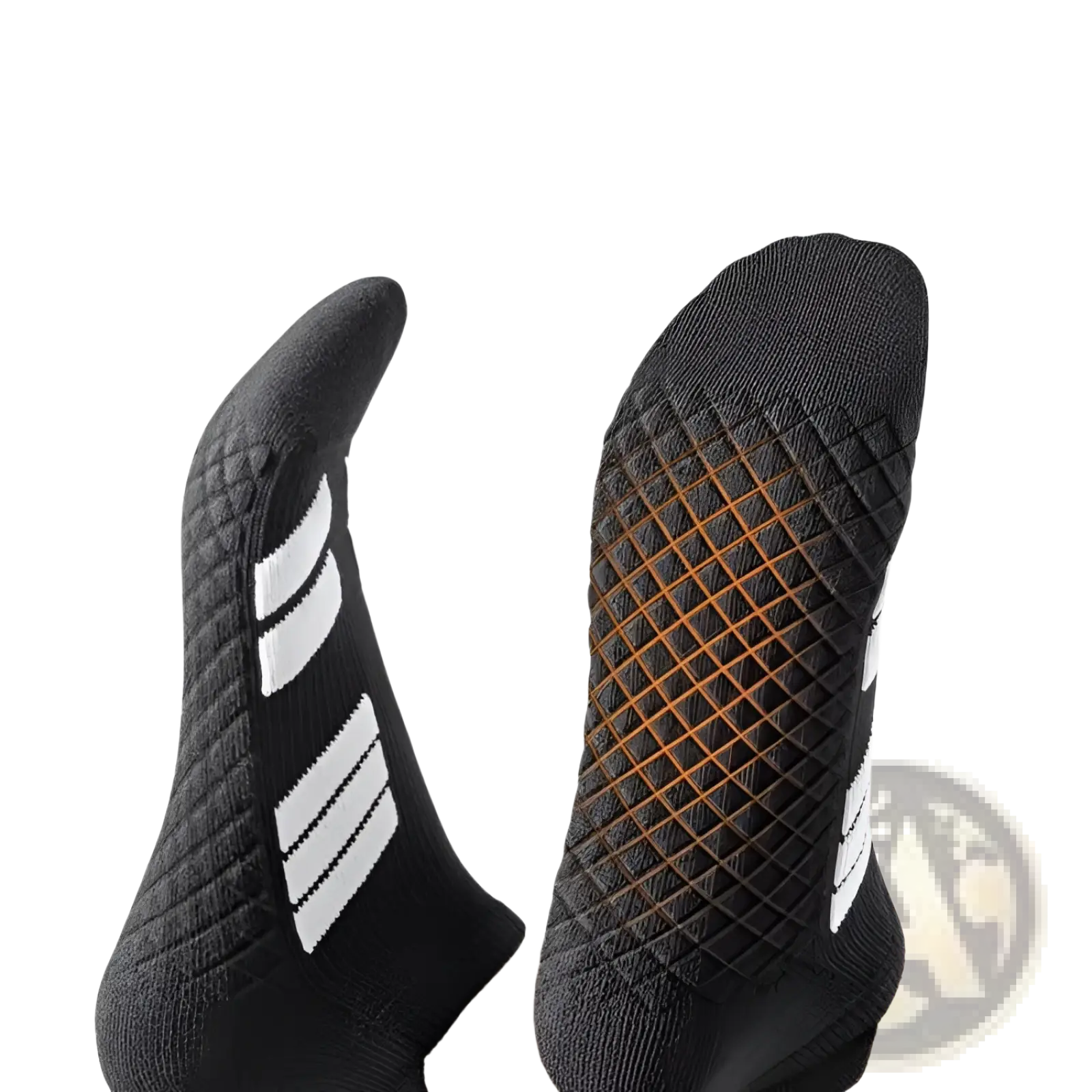 Men athletic sports socks cushioned footbed black with white stripes and orange shock-absorbing textured sole