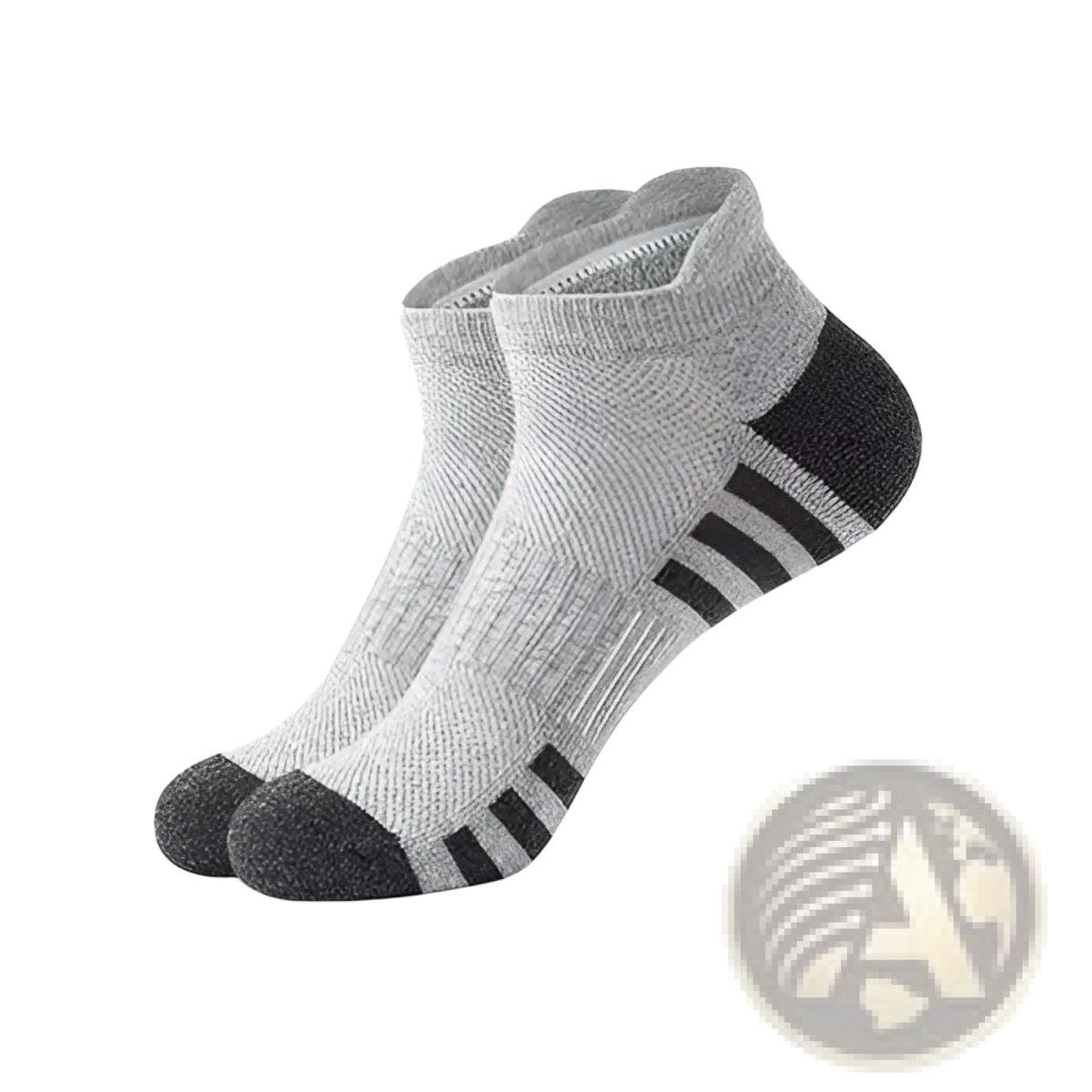 Men athletic sports socks cushioned footbed gray with black toe heel and three stripes for sweat absorbing use