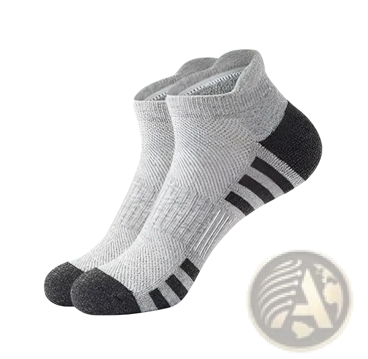 Men athletic sports ankle socks in gray and black with cushioned footbed and three horizontal stripes for sweat absorption