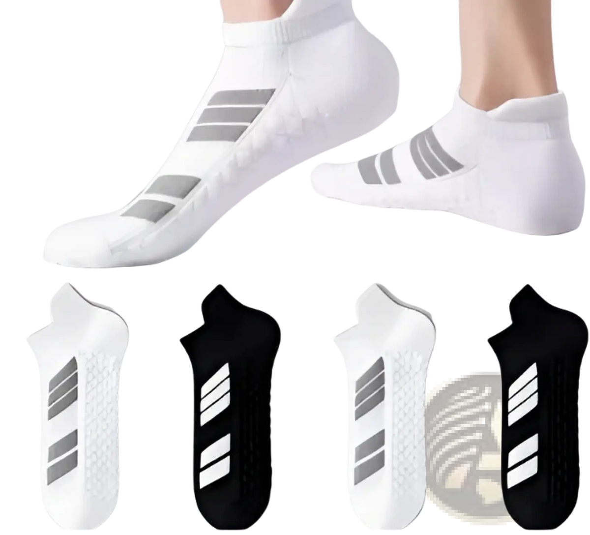 Men athletic sports socks in white and black with gray three-stripe cushioned footbed and breathable mesh design